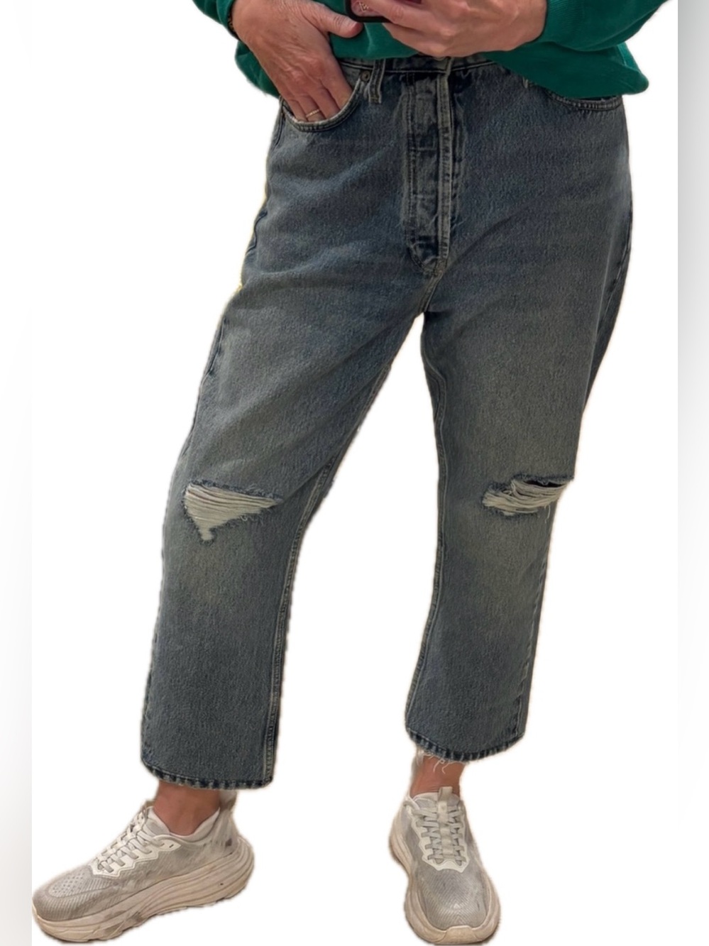 RE/DONE 70s Ultra Stove Pipe Light Destroyed Distressed Hi-Waste Crop Denim Sz30